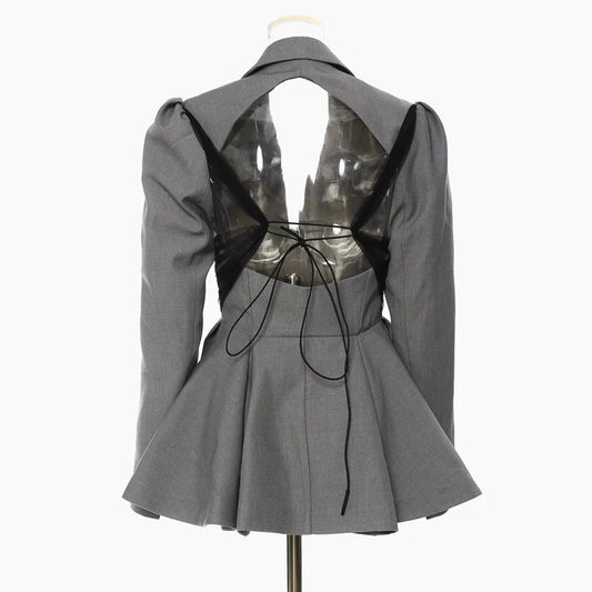 Spring Autumn New Women Blazer Backless Ruffle Hem Waist Cinching Slim Fit Single Breasted Elegant Sexy Chic Jacket HK16635