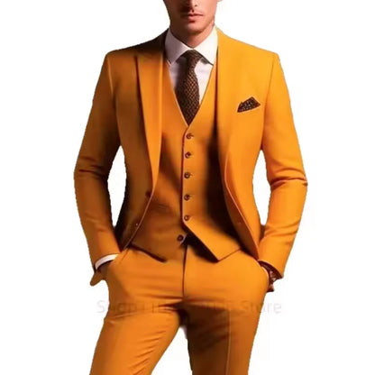 Elegante Men's Grey Slim Fit Tuxedo 3-Piece Smoking Suit with Peak Lapel Blazer Vest Pants for Wedding Party