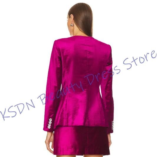 Chic Women's Single-Breasted Suit Hot Pink Satin Two-Piece(Jacket+Mini Skirt) Set Elegant Office Wear Evening Party Outfit