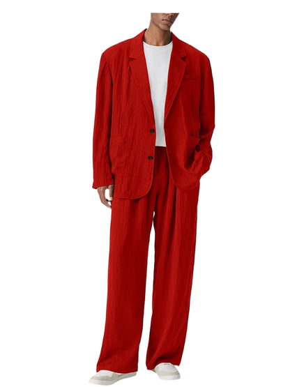 Men's Linen Blend Wrinkled Two Piece Suit Loose Two Button Blazer Wide Leg Trousers Casual Vacation Daily Soft Breathable Outfit