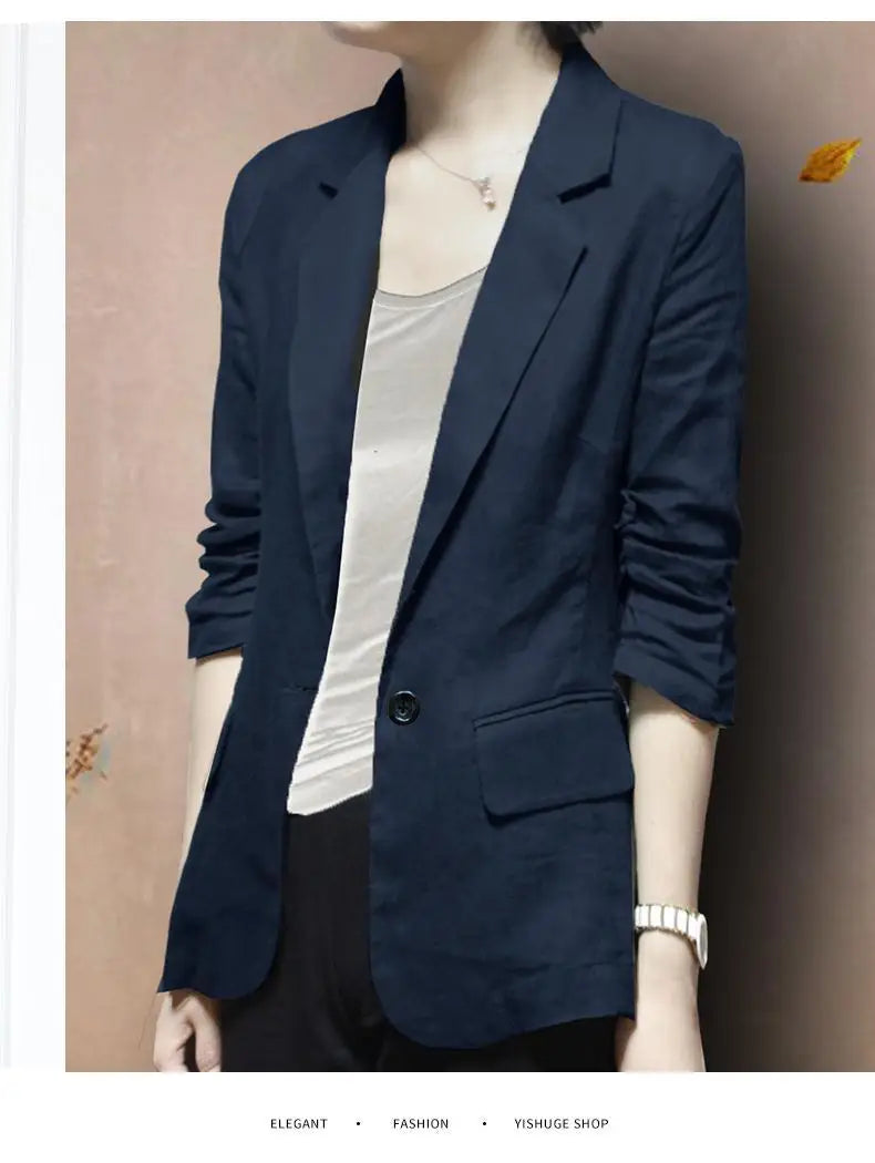 Women's Linen Blazer Casual Slim Fit Single Button Notched Lapel Lightweight Suit Jacket