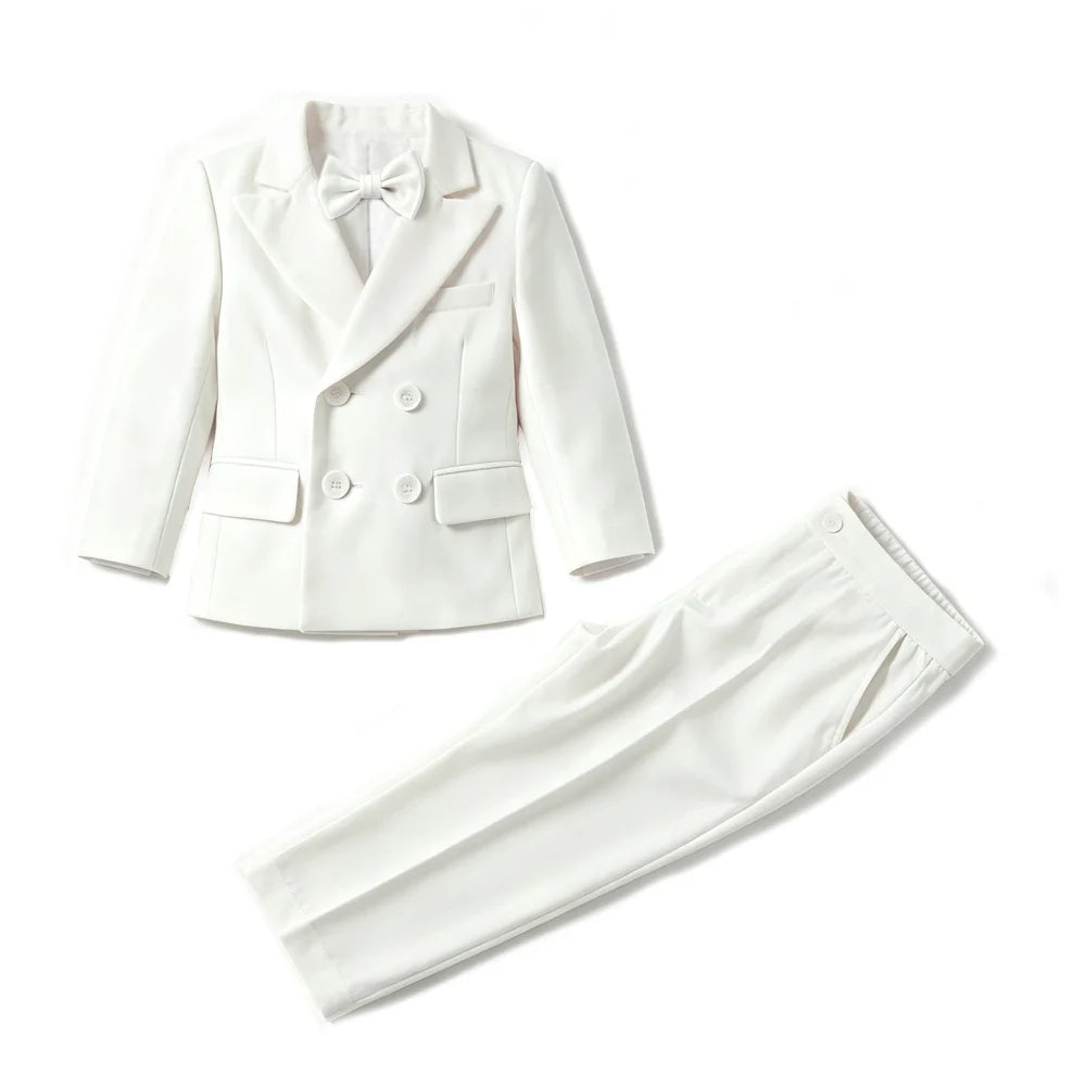 Elegant White Toddler Boy Suit Set Bow Tie Kids Formal Tuxedo Jacket Pant Outfit Christening Wedding Birthday Photograph Clothes