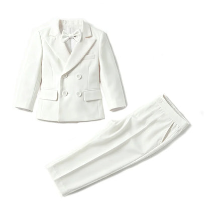 Elegant White Toddler Boy Suit Set Bow Tie Kids Formal Tuxedo Jacket Pant Outfit Christening Wedding Birthday Photograph Clothes
