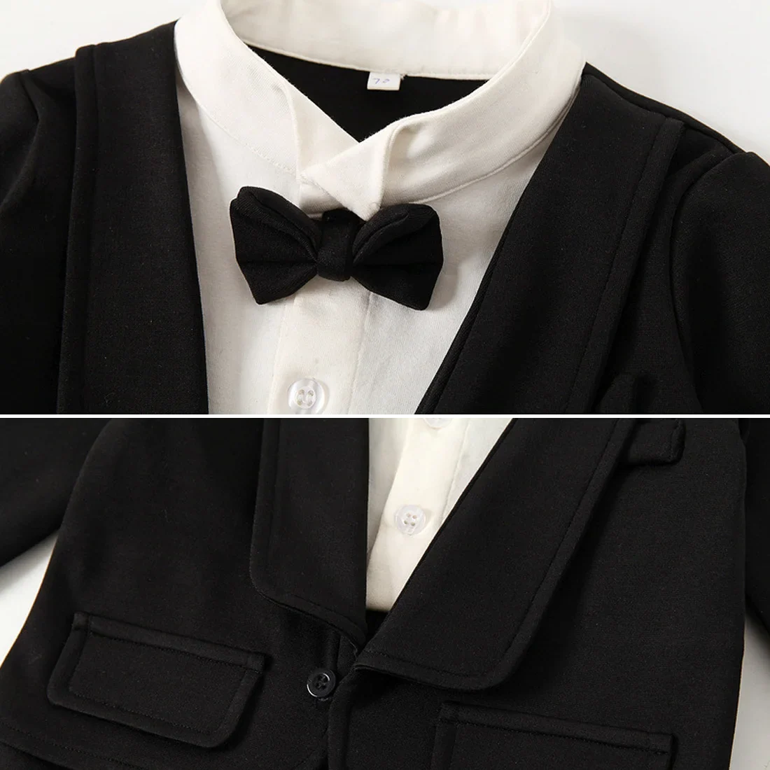 Toddler Baby Boy Black Tuxedo Romper Suit Fake Blazer Long Sleeve Jumpsuit With Bow Tie Wedding Baptism Gentleman Formal Outfit