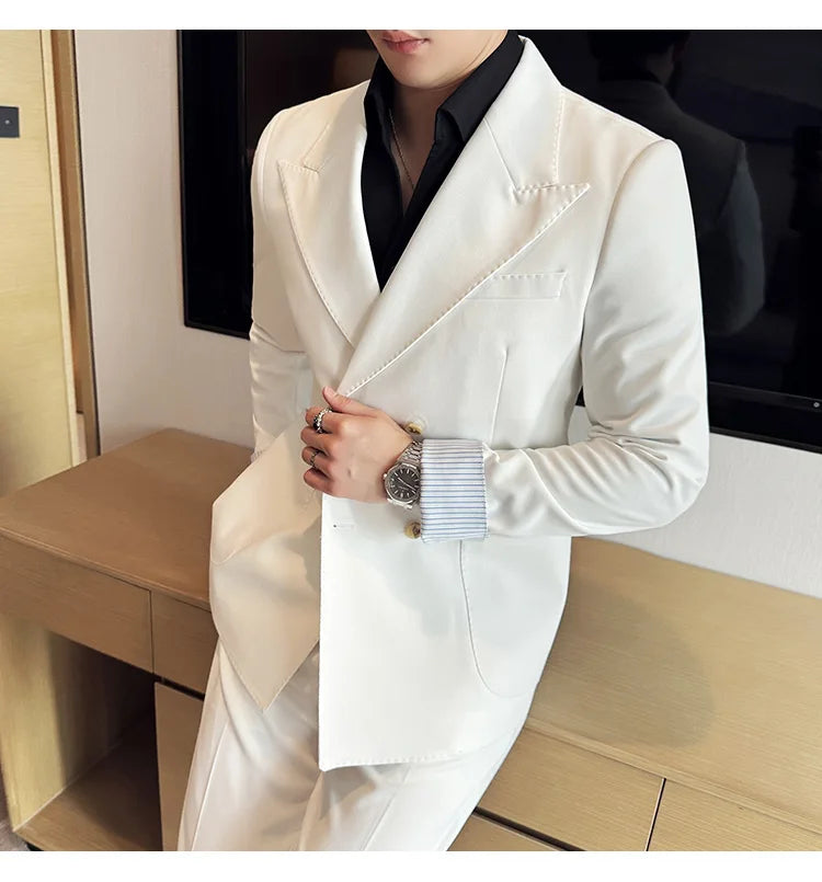 Korean Style Double Breasted Suit Jacket for Men Fashion Casual Business Suit Jackets Office Social Banquet Blazer Masculino