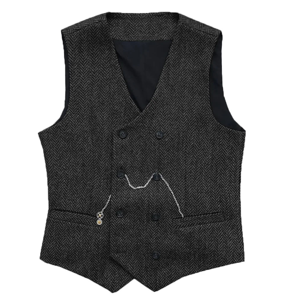 Men's Herringbone Suit Vest Double Breasted Waistcoat for Weddings and Business