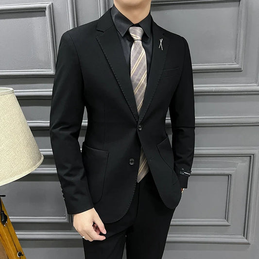Men's Autumn Winter Chunky Two-Button Formal Two-Piece Set Business Fashion Suit Plus Trousers High Quality 2024