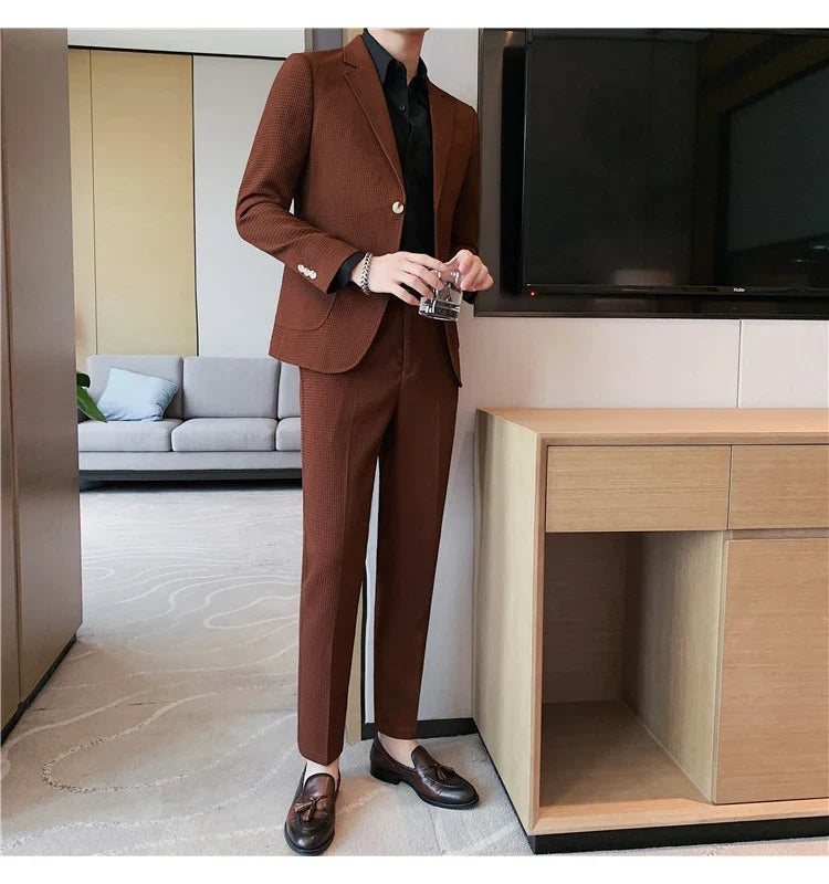 2025 New Waffle Blazers +Pant 2 Piece Set Men Fashion Business Slim Fit Solid Tuxedo Groom Wedding Prom Wear Casual Men's Sets
