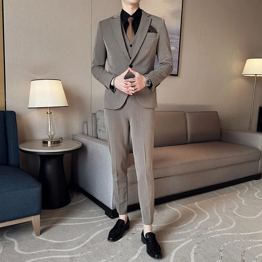 Men's Slim Fit Single Breasted Business Suit – Smart Casual Coffee Three-Piece Set for Wedding & Office