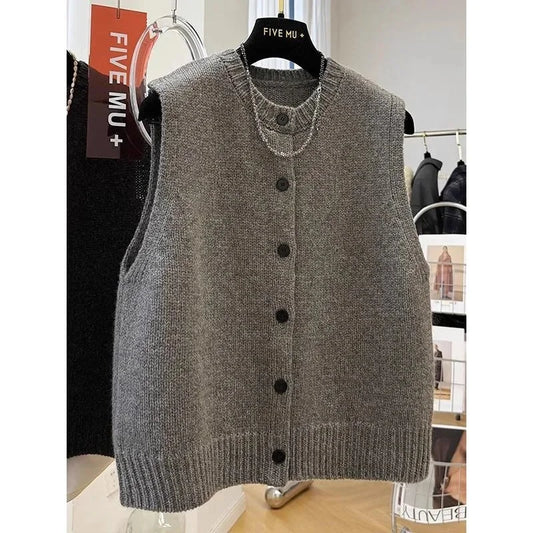 Women Fashion Round Neck Knitted Sleeveless Autumn Lady Solid Color Knitted Vest Coat Korean Femme High End Cardigan Sweater Top