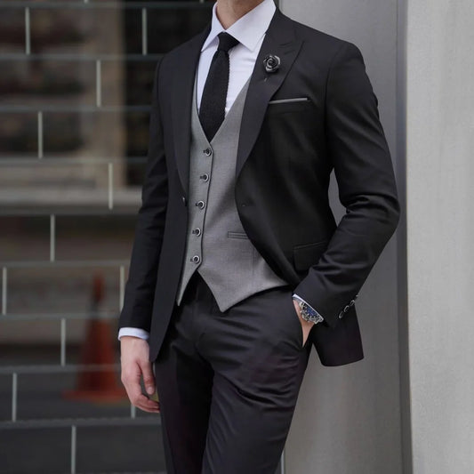 Men Suit 3 Pieces Black Gray With Lapel Single Button For Wedding Banquet Party Business Work Office Daily Jacket Vest Pants