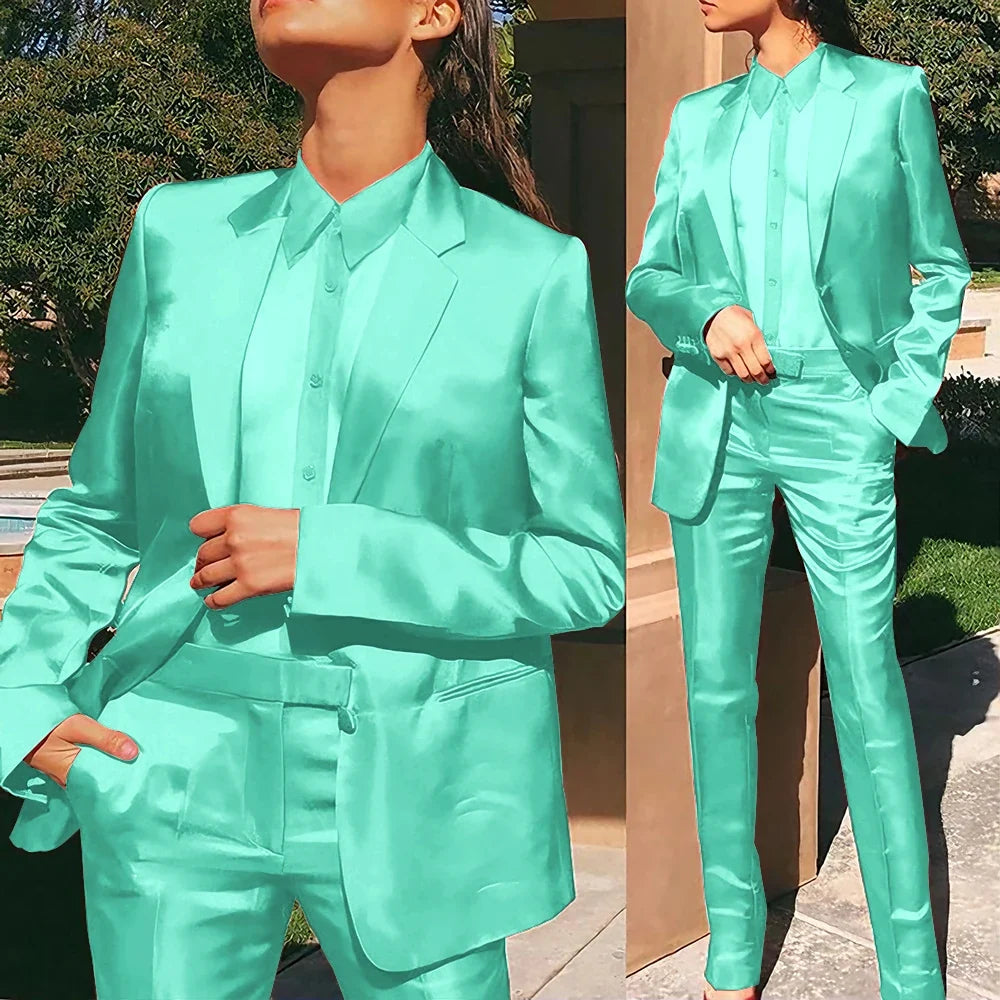 Women’s Red Satin Suit 2 Piece (Jacket+Pants) Set Gorgeous Single-breasted Blazer for Evening Party Formal Cocktail Streetwear