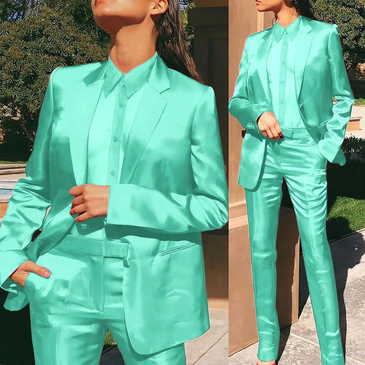 Women’s Red Satin Suit 2 Piece (Jacket+Pants) Set Gorgeous Single-breasted Blazer for Evening Party Formal Cocktail Streetwear