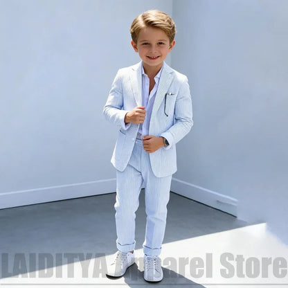 Chic Seersucker Striped Boys Two Piece Suit Notched Lapel Blazer Pants Kids Summer Beach Wedding Page Boy Casual Daily Outfit