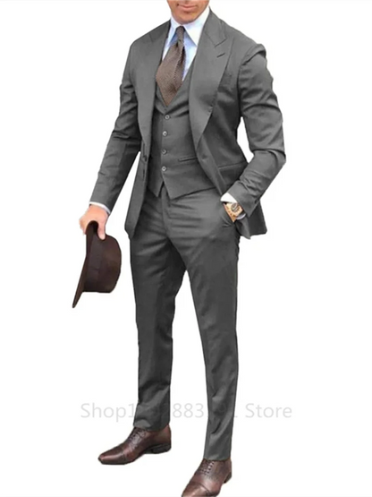 3-Piece Men's Slim Fit Suit with Peak Lapel for Wedding and Business in Gray, Black & Burgundy