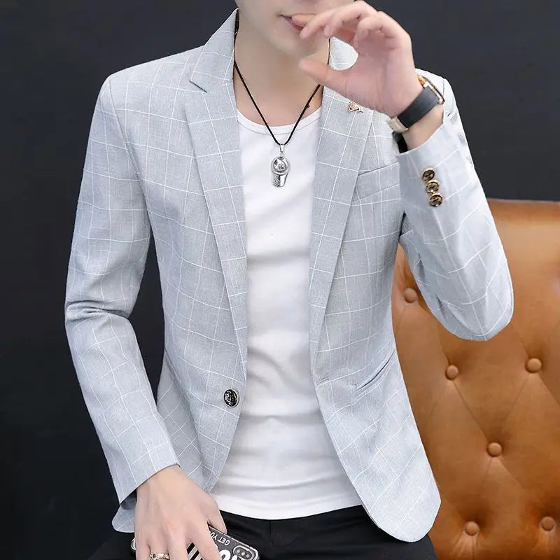 Men Autumn Plaid Blazer Korean Slim Fit Casual Suit Jacket Fashion Trendy Outerwear