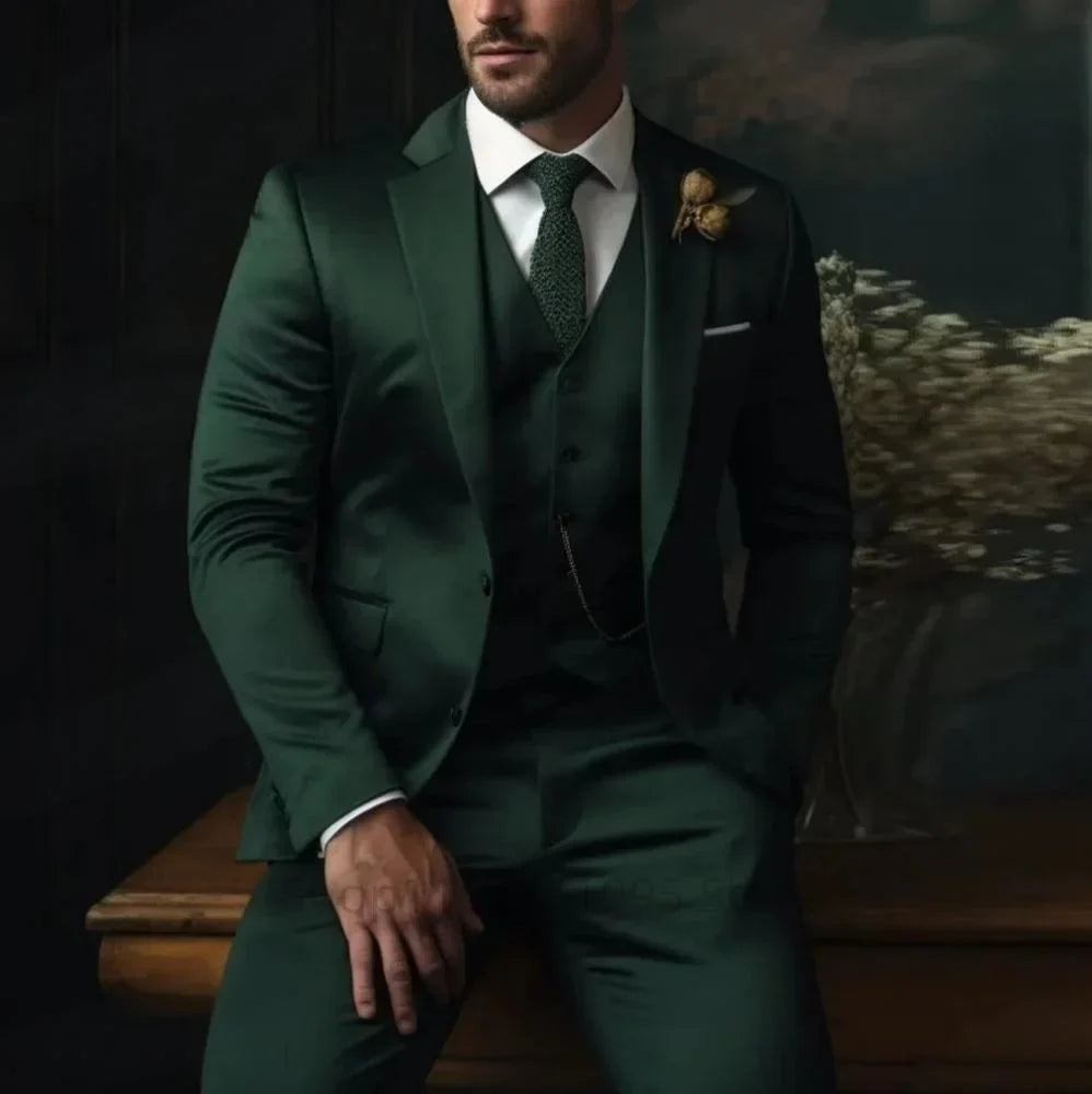Elegant Gray Men's Suit Slim Fit Fashion Wedding Tuxedo 3 Piece Two Buttons Peak Lapel Blazer Vest Pants for Party Homme Costume