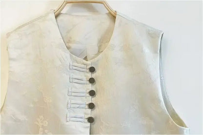 New Chinese Style Buckle Vest Coat For Women New Spring Autumn O-Neck Embroidery Sleeveless Jacket Fashion Jacquard Waistcoat
