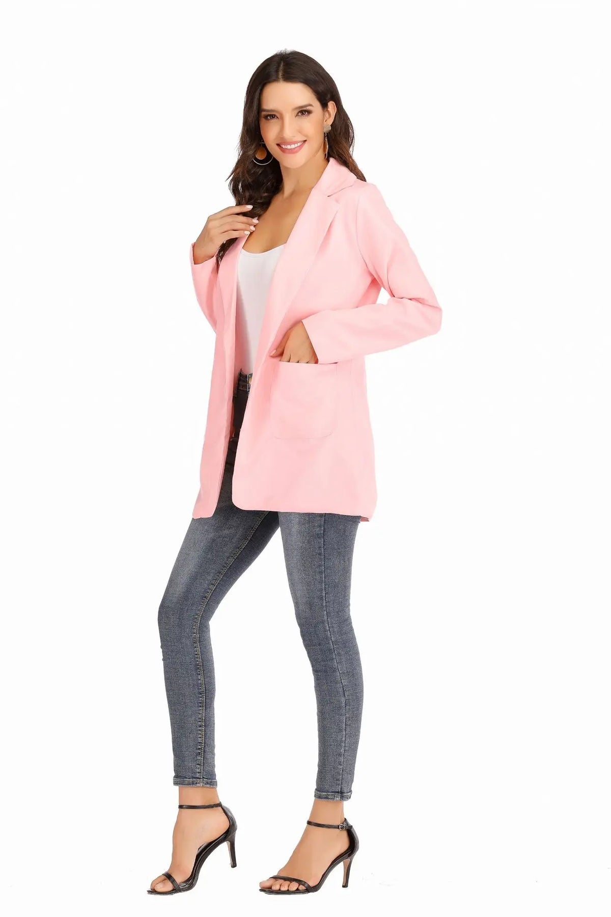 Women's Casual Blazer Notched Lapel Long Sleeve Open Jacket with Pockets Slim Fit Spring Autumn Office Lady Streetwear Coat