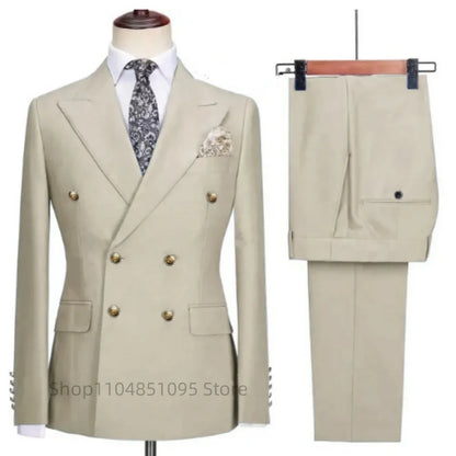 Costume Chic Décontracté Kaki Homme 2 Pièces Tenue De Soirée Formelle Business Mariage Marié Smoking Revers Cranté Veste Et Pantalon Double Boutonnage