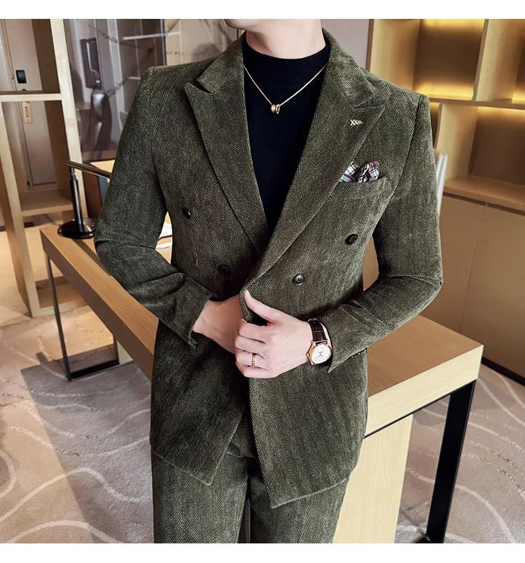 2025 Winter Woolen Men's Wedding Groom Suit Double Breasted Suit 3 Piece Set Business Casual Office Work Party Prom Dress Suits