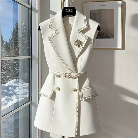 Spring Autumn Women Suit Vest New Fashion Color Block Pocket Single Breasted Sleeveless Jacket Female Waistcoat Casual Tops Coat