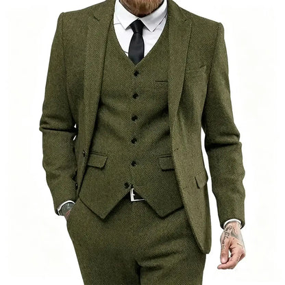 Classic Herringbone Tweed Mens Suits Stylish Vintage Tuxedo Set 3 Pieces Blazer Vest and Pant For Wedding Business Evening Party