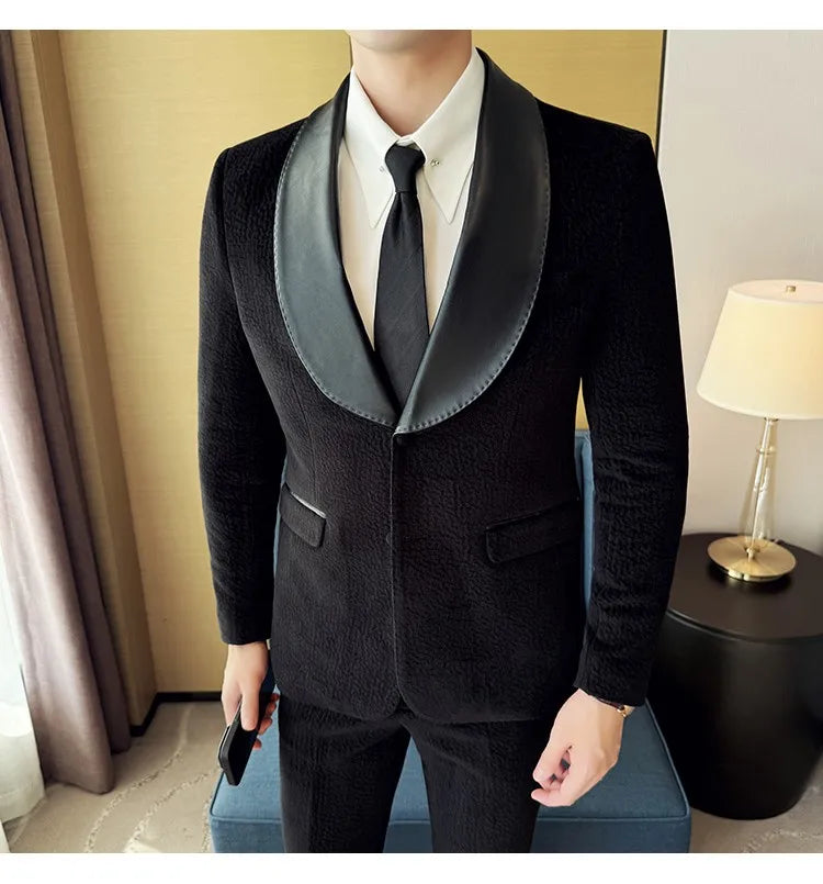 British Style PU Patchwork Suit for Men Casual Business Wedding Suits 2 Pieces Set (jacket+pant) Office Work Party Prom Suit