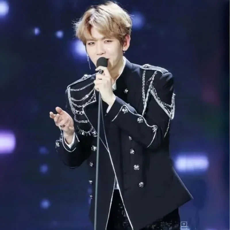 Men's Punk Style Court Jacket with Epaulet Metal Tassel Blazer for Nightclub Singer Dancer Performance Outerwear Stage Wear