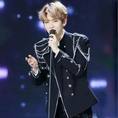 Men's Punk Style Court Jacket with Epaulet Metal Tassel Blazer for Nightclub Singer Dancer Performance Outerwear Stage Wear