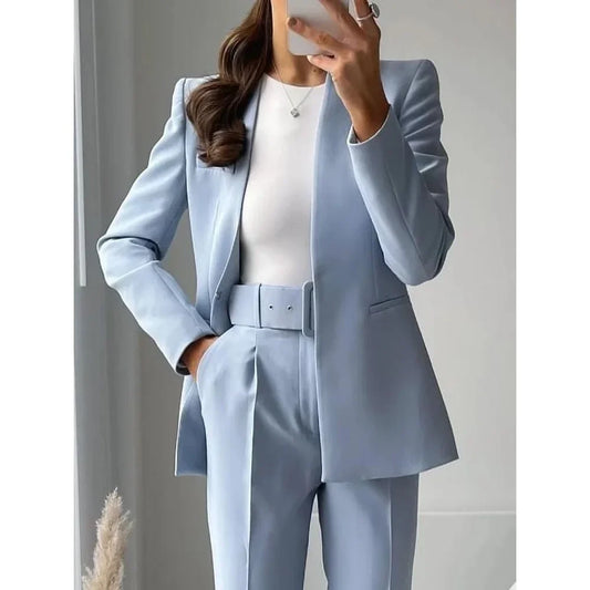Elegant Light Blue Women Suits Two Piece (Blazer+Pants) Fashion V-Neck No Buttons Wear Fashion Casual Office Daily Pants Sets