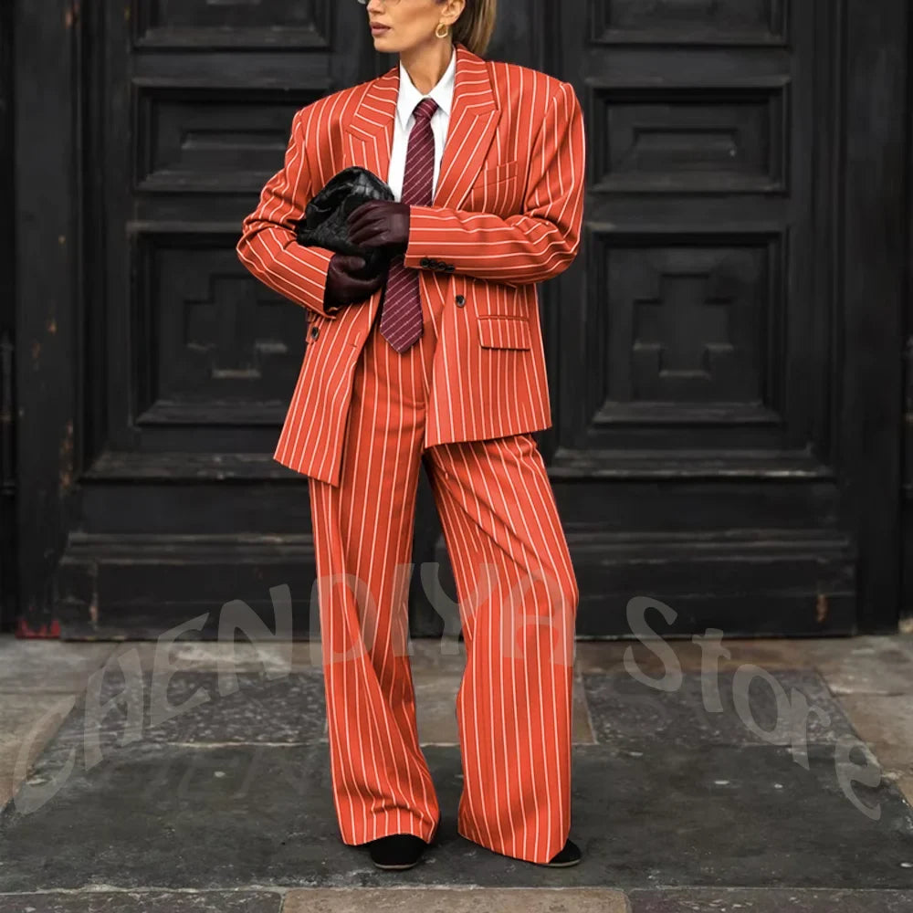 Burgundy Striped Casual Women Suit Two Pieces Jacket Pants Loose Fit Peak Lapel Blazer Set Evening Party Prom Lady Outfit