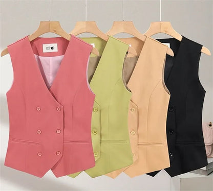 2025 Summer V-Neck Vest Women Thin Loose Waistcoat Double-breasted Sleeveless Blazer Female Slim Short Vest Femme Slim Buttons