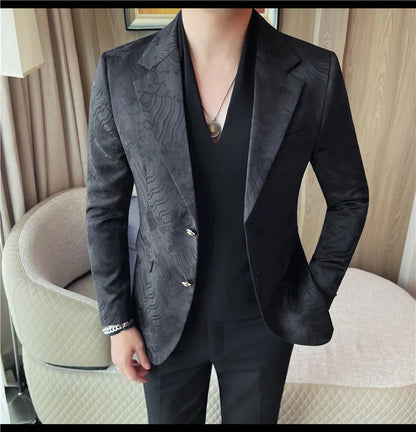 Luxury Jacquard Casual Suit Jacket for Men Autumn Korean Fashion Business Social Blazers Handsome Office Wedding Dress Jacket