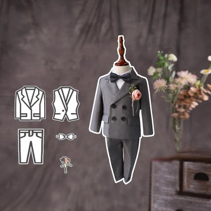 Flower Boys Gray Wedding Suit Set Kids Formal Birthday Photography Outfit Children's Piano Host Performance Costume