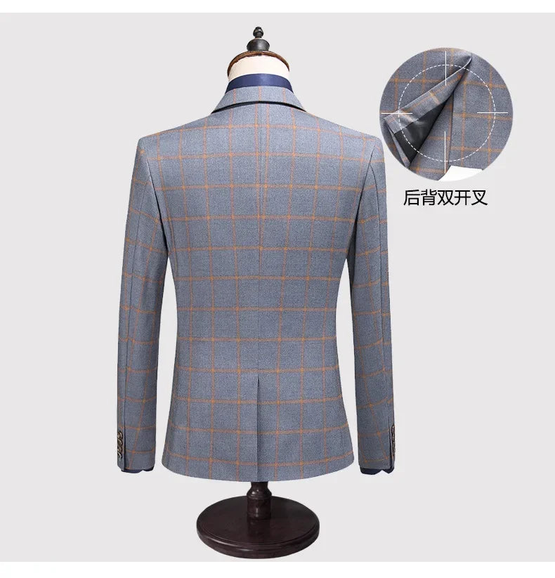 Men's Suit Set – Blazer, Vest & Trousers – British Grid Smart Casual for Business & Weddings