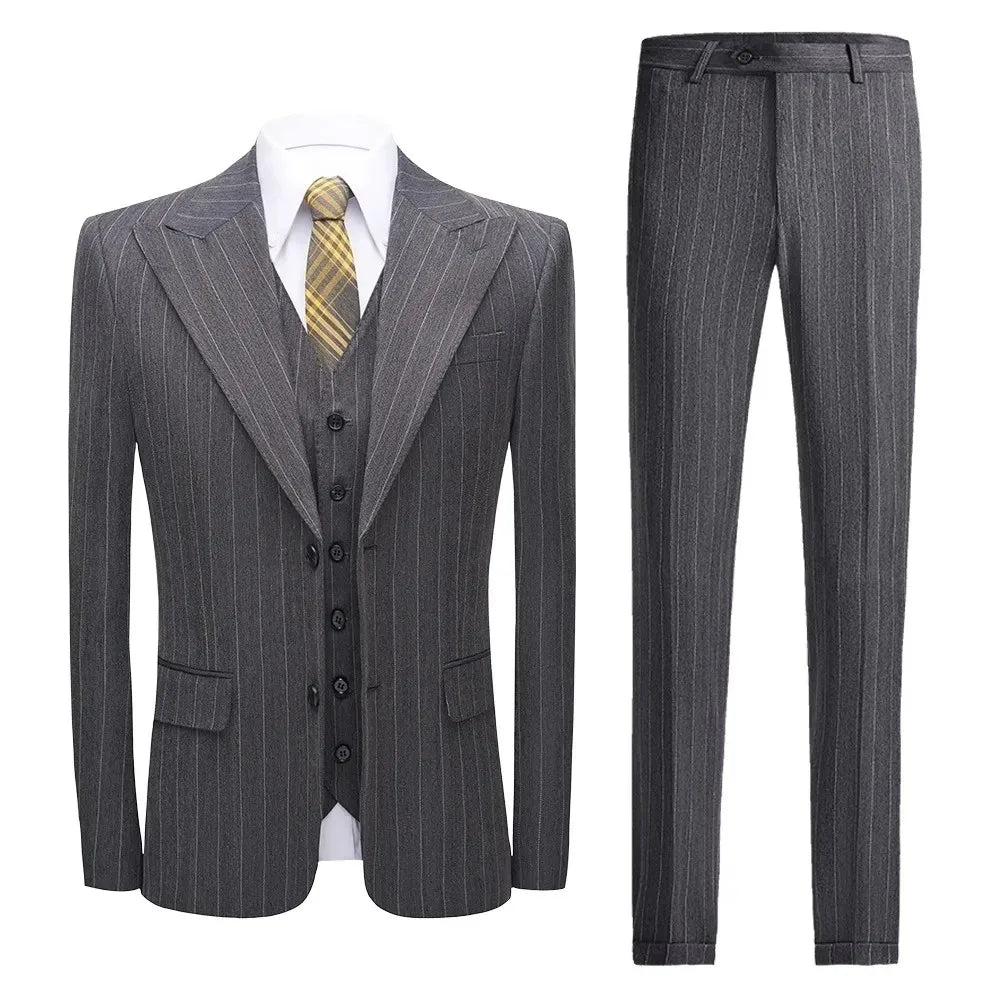Men's Three-Piece Slim Fit Striped Suit – England Style, Wedding & Business, Dark Grey/Khaki