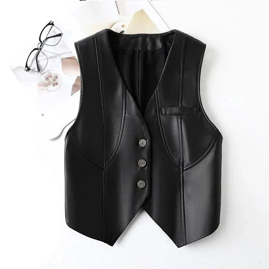 V-neck PU Leather Vest Women's Waistcoat Spring  Autumn New Female Irregular Short Camisole With Sleeveless Leather Vest