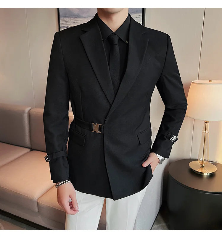 Men's Slim Fit Blazer Metal Buckle Decoration Smart Casual Wedding Party Jacket
