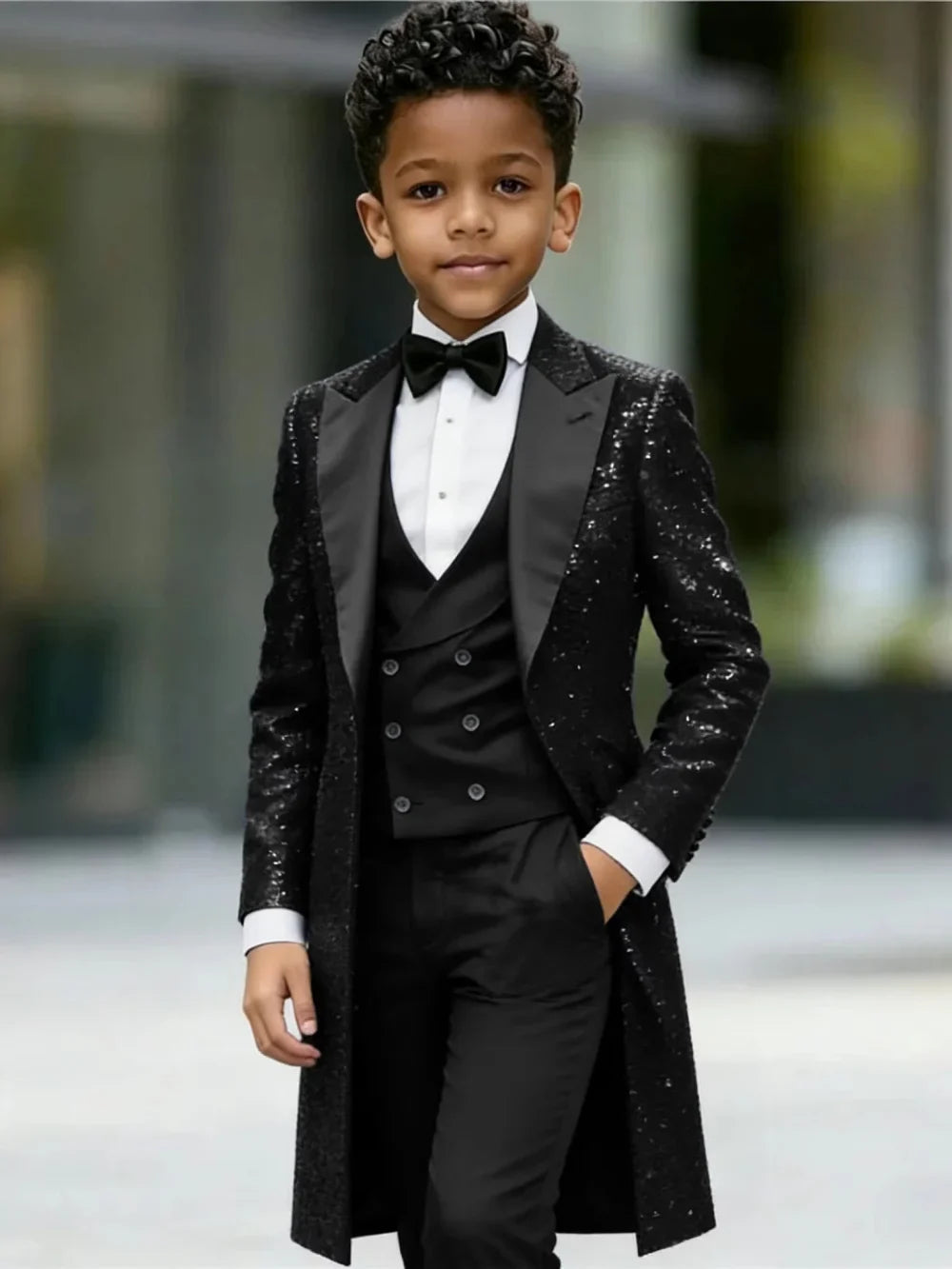 New Boys Sequined Long Jacket Suit Set 3 Pieces Formal Party Wear Handsome Chic Peak Lapel Kids Tuxedo For Birthday 2-20T