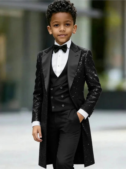 New Boys Sequined Long Jacket Suit Set 3 Pieces Formal Party Wear Handsome Chic Peak Lapel Kids Tuxedo For Birthday 2-20T
