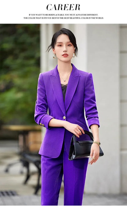 Office Ladies Formal Pant Suit 2 Piece Set Women Green Khaki Red Female Long Sleeve Business Work Wear Blazer Jacket And Trouser