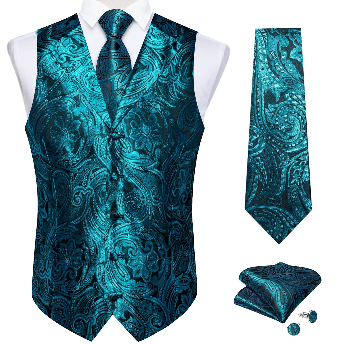 Men's Paisley Suit Vest – Single-Breasted Waistcoat with Tie, Handkerchief & Cufflinks for Weddings & Banquets