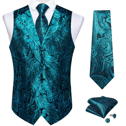 Men's Paisley Suit Vest – Single-Breasted Waistcoat with Tie, Handkerchief & Cufflinks for Weddings & Banquets