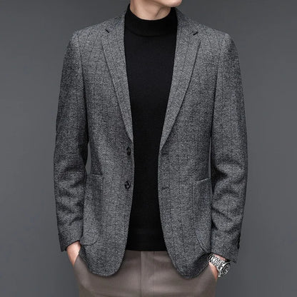 KIDWHXR Man Suit Coat Non-ironing Striped Turn Down Collar Male Outerwear Slim Long Sleeve Pocket Business Casual Men Blazer