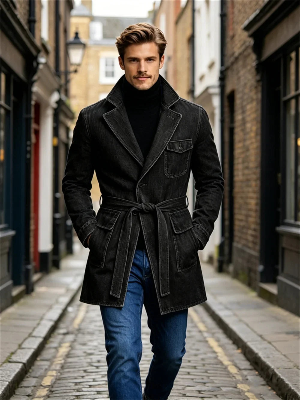 Men's Vintage Mid Length Belted Denim Trench Coat Notched Lapel Casual Workwear Outerwear Stylish Daily Streetwear Jacket