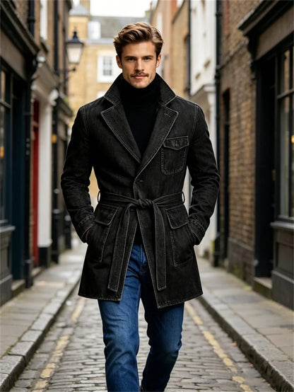 Men's Vintage Mid Length Belted Denim Trench Coat Notched Lapel Casual Workwear Outerwear Stylish Daily Streetwear Jacket