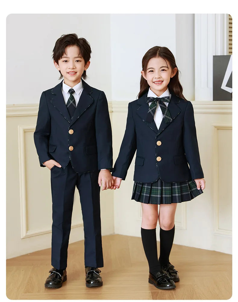Children British School Uniforms Girls Preppy Jacket Pleated Skirts Boys Blazers Pants Suits Kids Teenage Student Clothes Sets