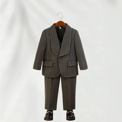 Kids Striped Birthday Party Outfit Boys Wedding Suit Set Childre's Jacket Vest Pants Bowtie Brooch 5Pieces Winter Clothing Set