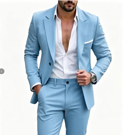 Ensemble décontracté 2 pièces pour homme, bleu marine, avec blazer à revers blanc et pantalon, costume de garçons d'honneur pour cérémonie